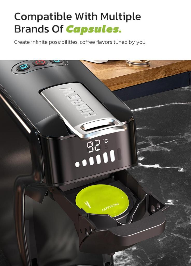 HiBREW Капсульная кофеварка H1B 5 в 1, резервуар для воды 600 мл, давление экстракции 19 бар, режим холодной/горячей воды, светодиодный индикатор - вилка европейского стандарта