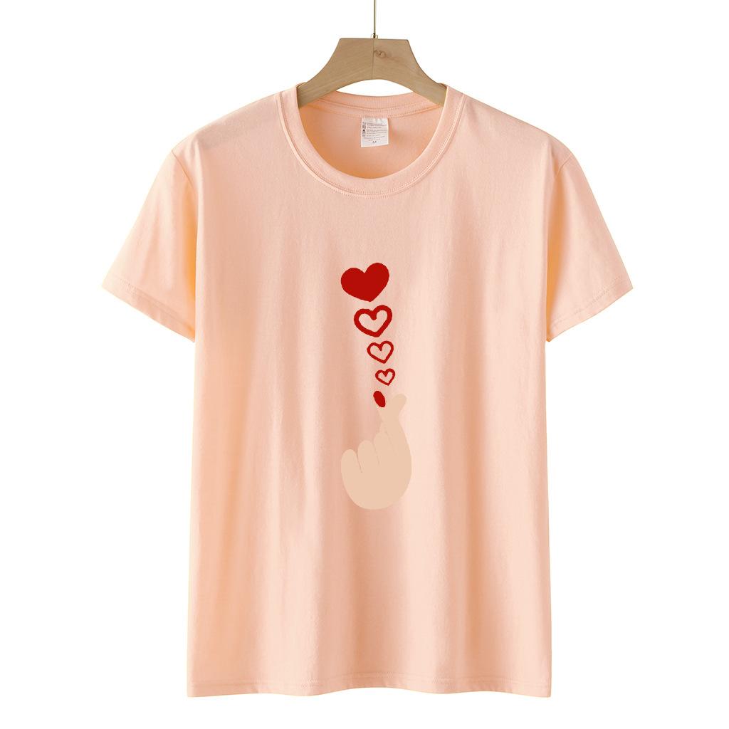 Polyester 100% New Valentine's Day Casual Pullover Round-neck Short-sleeved T-shirt with A Heart-shaped Finger Print Graphic