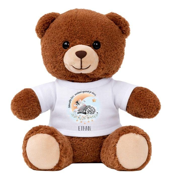 Peluche ours - PLANETEE - Nunours Ethan - 18 cm - Polyester - Tee-shirt imprimé