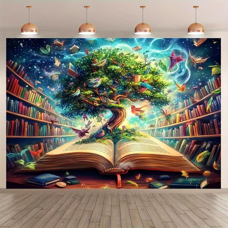 2D Фэнтези Открытая Книга с Волшебным Деревом Библиотека Фотозона Фон