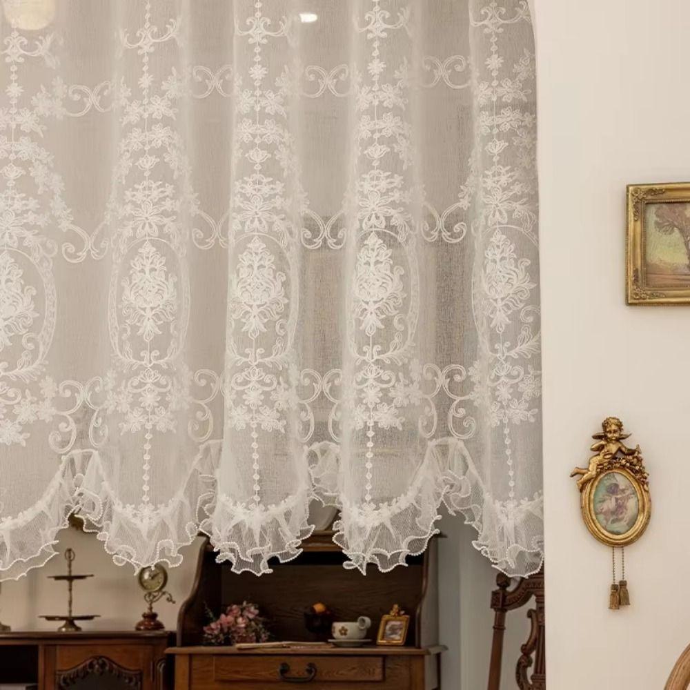 Вышитая кружевная короткая прозрачная штора с оборками, цветочная короткая тюлевая драпировка, кухня
