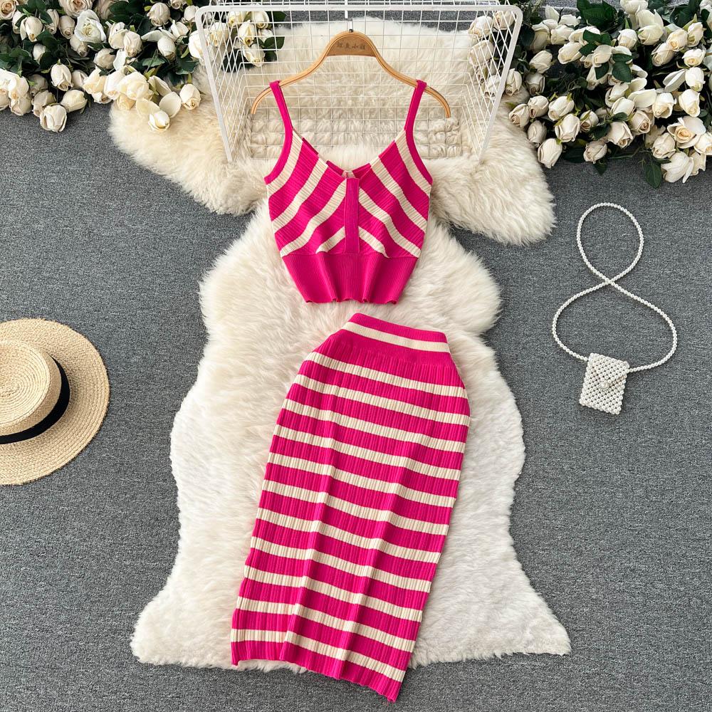 Топ-майка, костюм-двойка, женская летняя юбка средней длины с высокой талией, вязаная