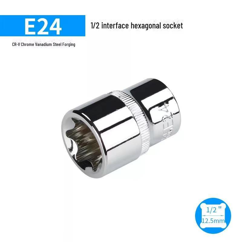 Metric 6-Point Flower-Shaped E-Type Socket Set: 1/2 Large, 3/8 Medium, 1/4 Small, Star Type.