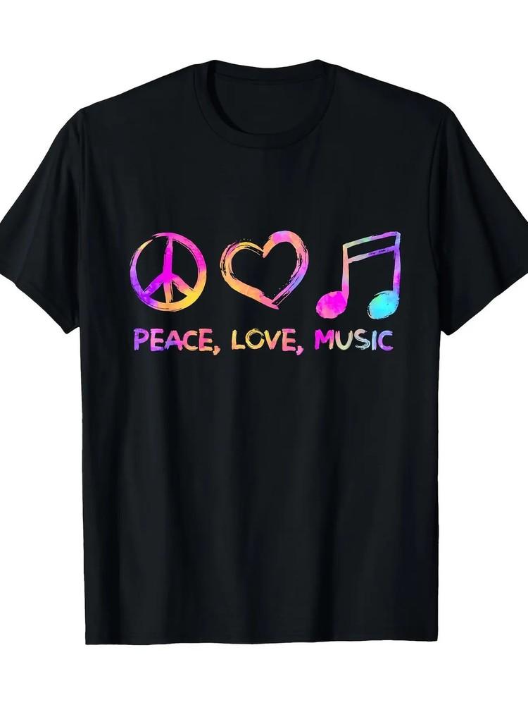 Peace Love Music Hippie Graphic T-Shirt 100% Cotton 180gsm Black Tee with Vibr