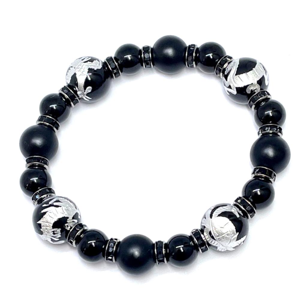Size Strongest Four Divine Beasts Bracelet Morion Matte Onyx Four Divine Beasts Silver Carved Onyx Natural Stone Power Stone Bracelet Comes with