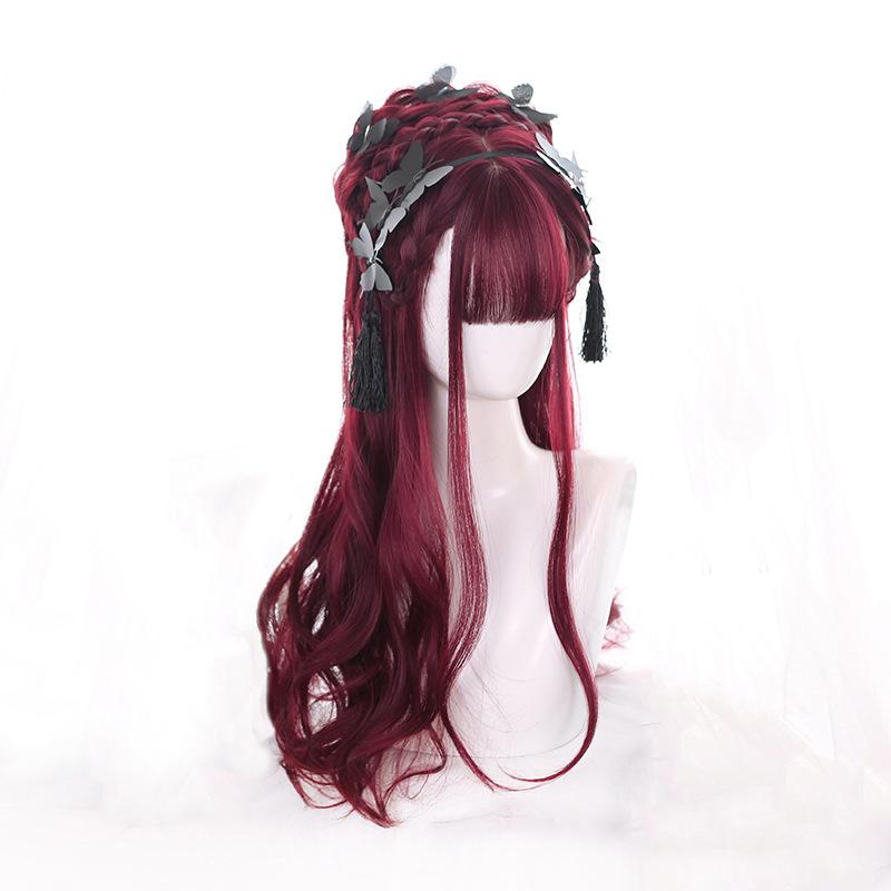 Bybrana Женские длинные волосы бордового цвета с волнистой челкой, парик Лолита, синтетические волосы для косплея, высокая термостойкость
