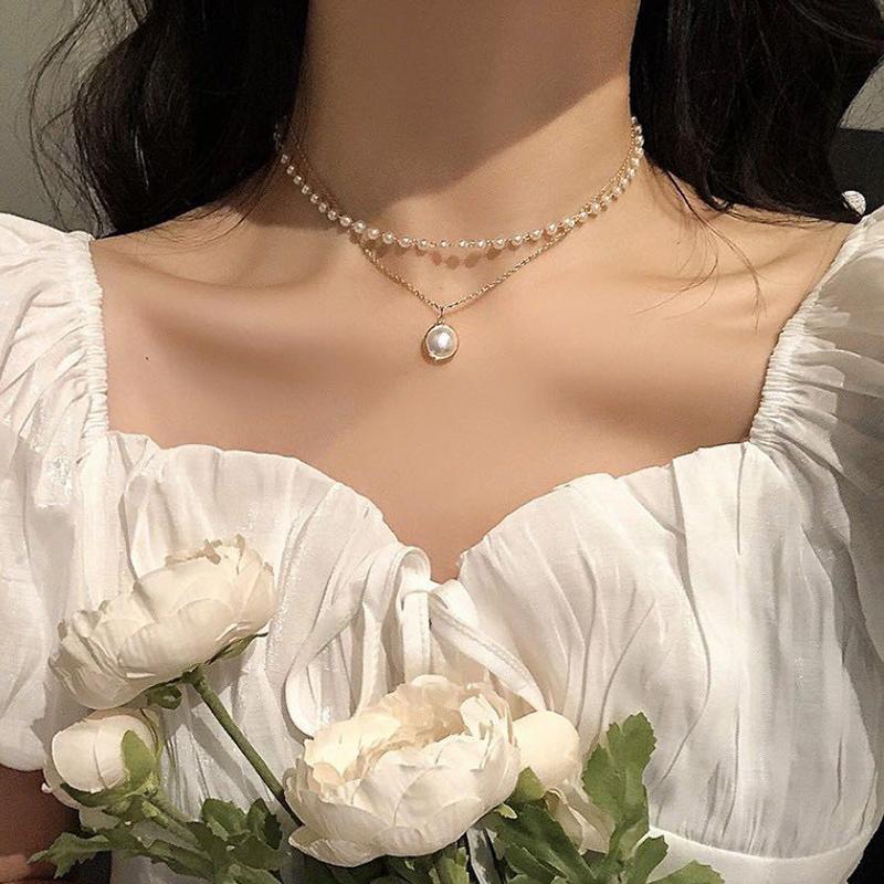 Kpop Pearl Choker Ожерелье Симпатичное Двухслойное Цепное Подвесное Подарок Девушке
