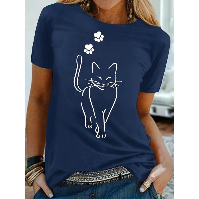 Футболка большого размера для женщин с милым принтом кошачьей лапки, коротким рукавом и круглым вырезом, средней эластичности