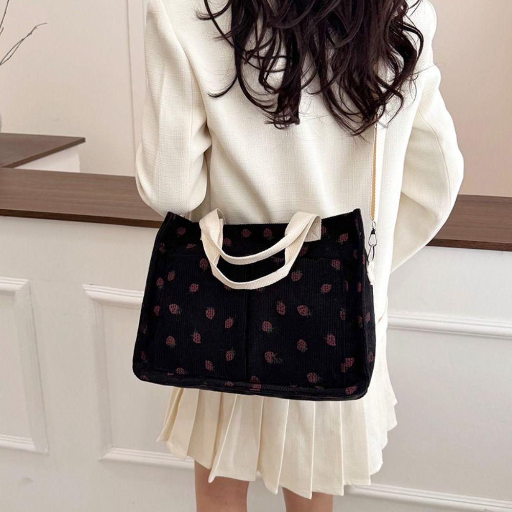 Printied Bow Tote Bag Cute Corduroy Handbag Sweet Travel Bag Travel