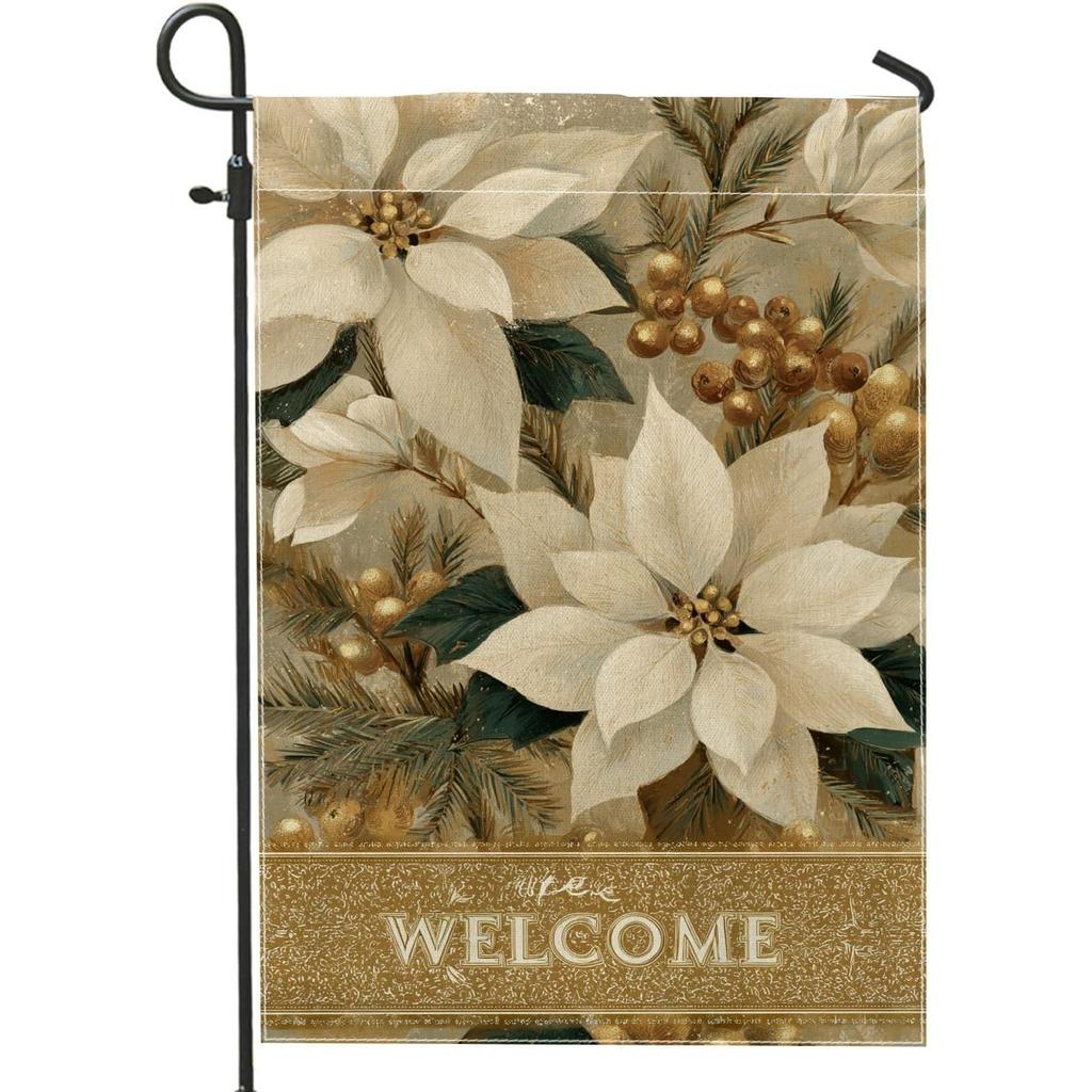 Poinsettia Garden Flag, Winter Elegant Berries Pine Christmas White Double-Sided Decorative Outside Flags for Outdoor Lawn Front Porch Patio Entrance