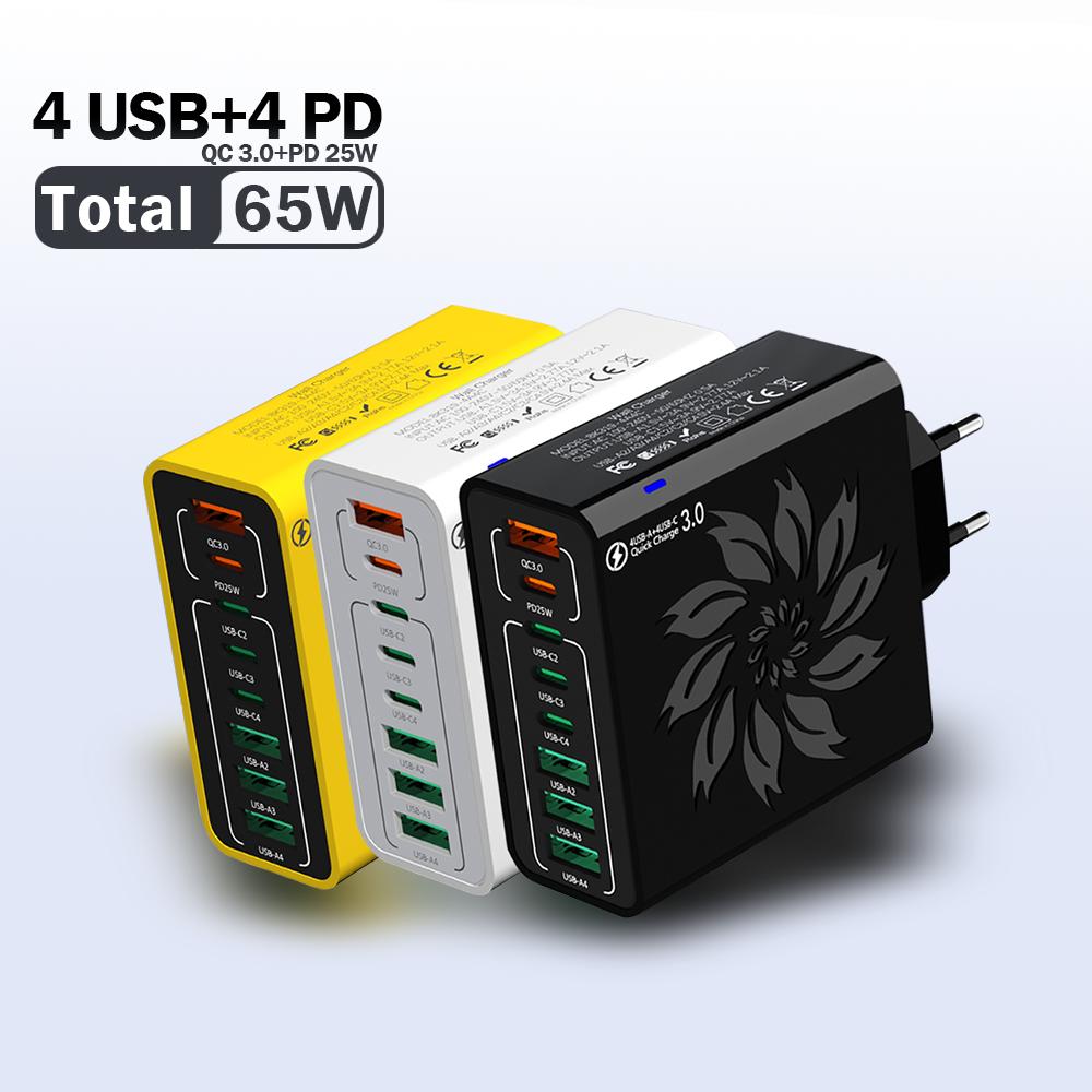 USB C Charger 8 Ports 4USB 4Type-c Fast Charging Mobile Phone Charger Power Adapter For iPhone Samsung Xiaomi Quick Charge 3.0