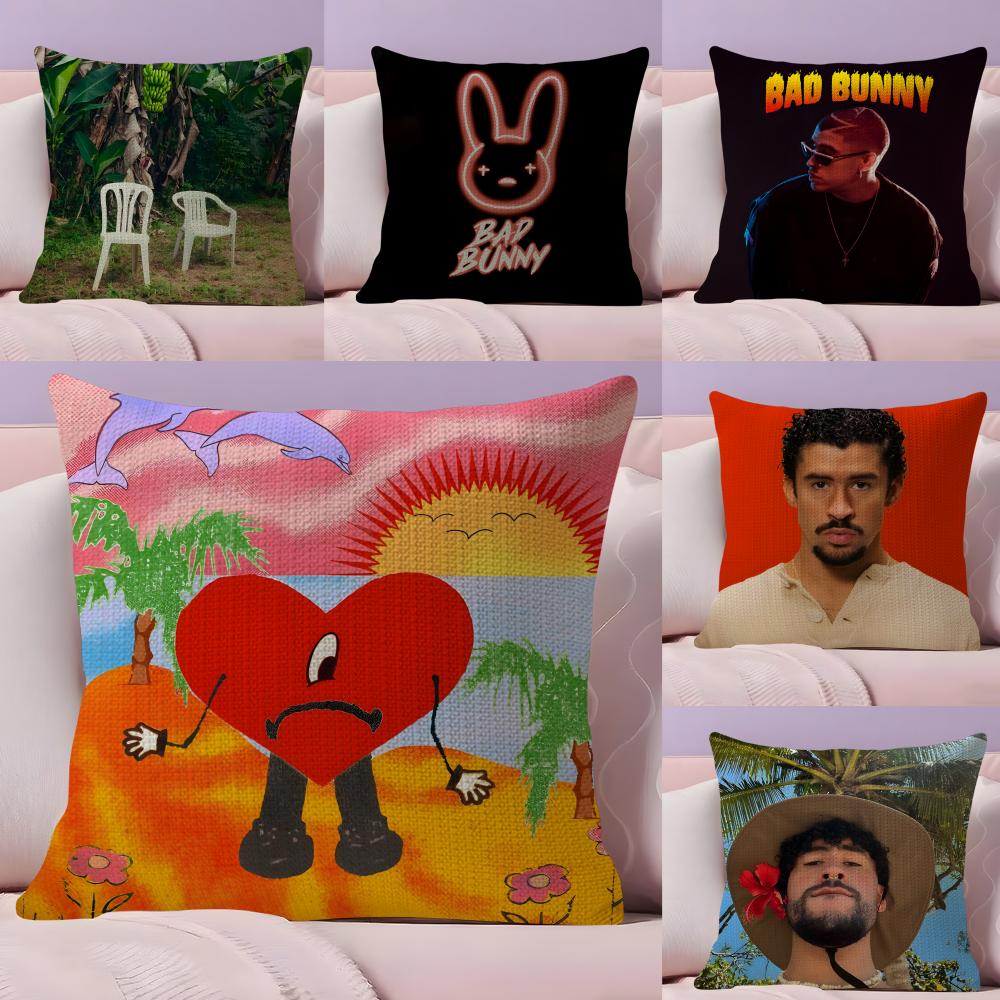 BBad BunnyY Singer Cushion Cover Natural Linen Pillow Case DoubleSided Print Decorative Sofa Pillowcase Home Decor Gift