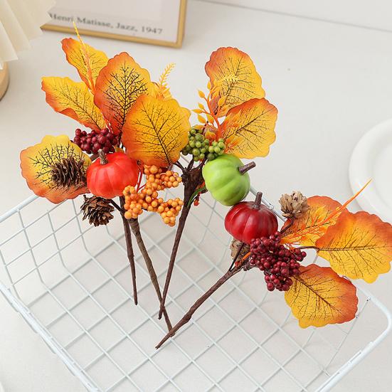 Хэллоуин Искусственные Тыквенные Ветки Искусственный Осенний Тыквенный Букет Поддельные Тыквенные Ветки с Листьями Клена для Осенней Цветочной Композиции Настольное Центральное Украшение