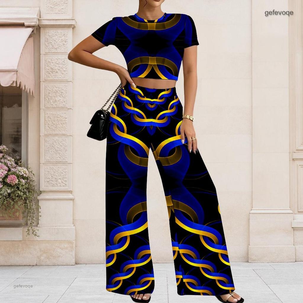 Women Plus Size Yellow Black Printed Round Neck Short Sleeve Crop Top Wide Leg Pants Two Piece Set
