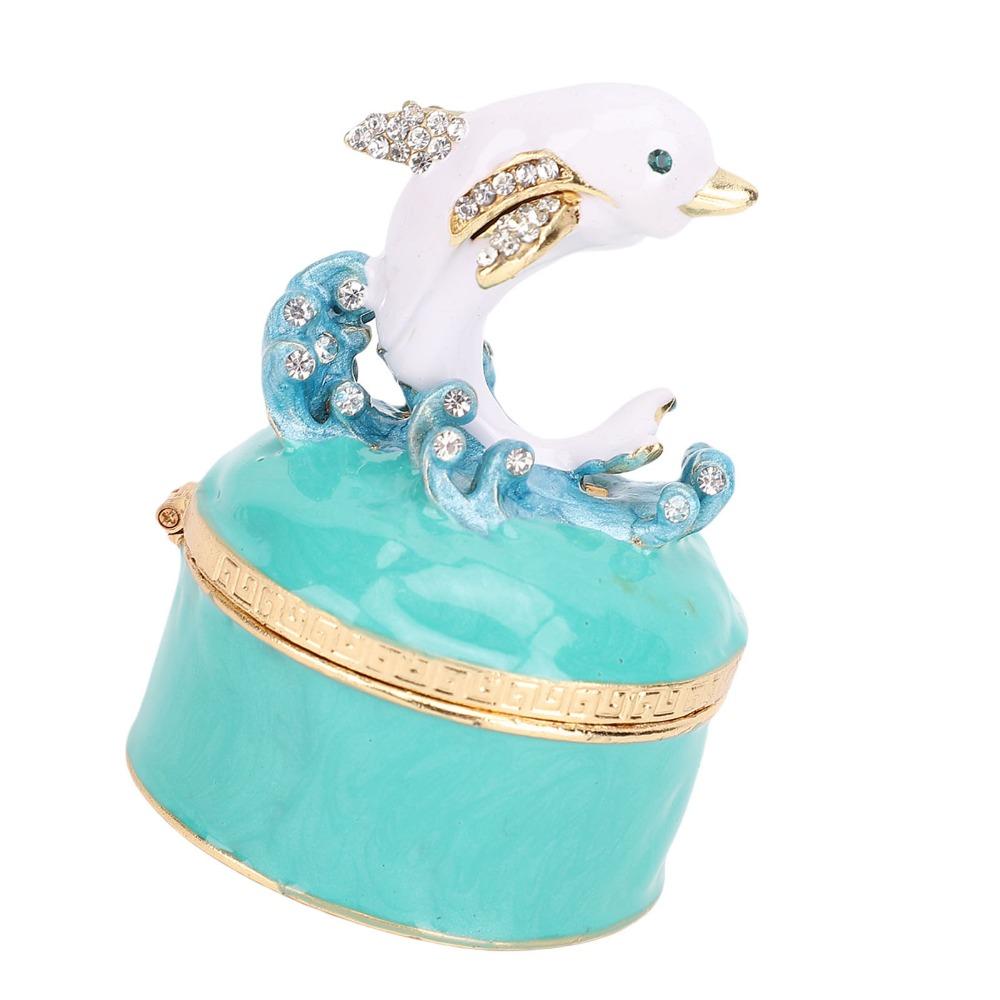 Dolphin Motif Enamel Trinket Box Rhinestone Decor Rhinestone Storage Box  For Rings