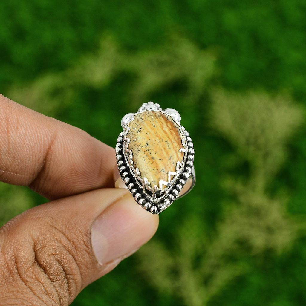Pear Natural Picture Jasper 925 Silver Wedding Multi Stone Mother Ring Jewelry