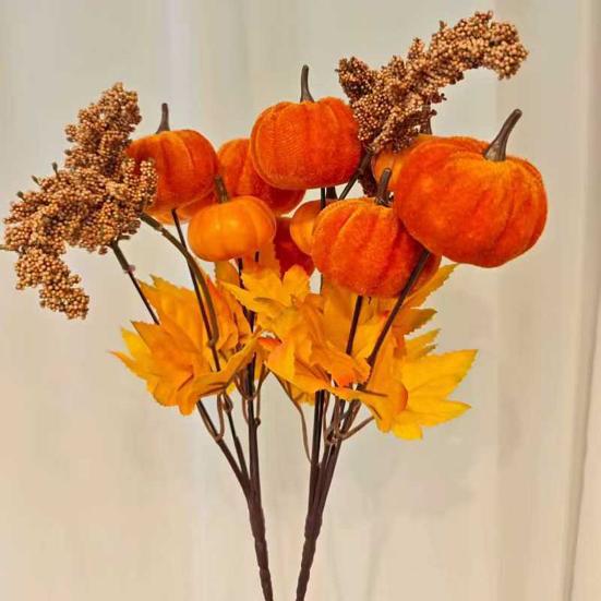 Хэллоуин Искусственные Тыквенные Ветки Искусственный Осенний Тыквенный Букет Поддельные Тыквенные Ветки с Листьями Клена для Осенней Цветочной Композиции Настольное Центральное Украшение