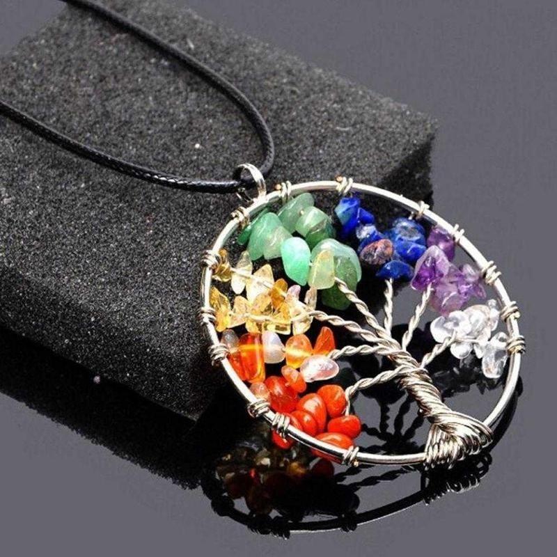 Natural Gemstone 7 Chakra Healing Tree of Life Pendant Necklace Charming