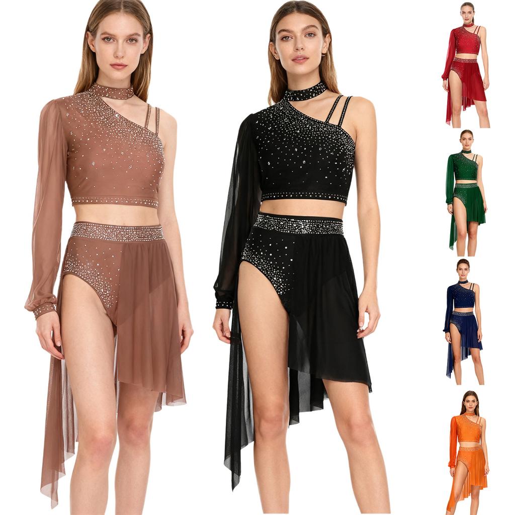 Женский костюм для лирического танца Блестящий асимметричный кроп-топ со стразами, шорты с высокой талией, костюм с шифоновой юбкой