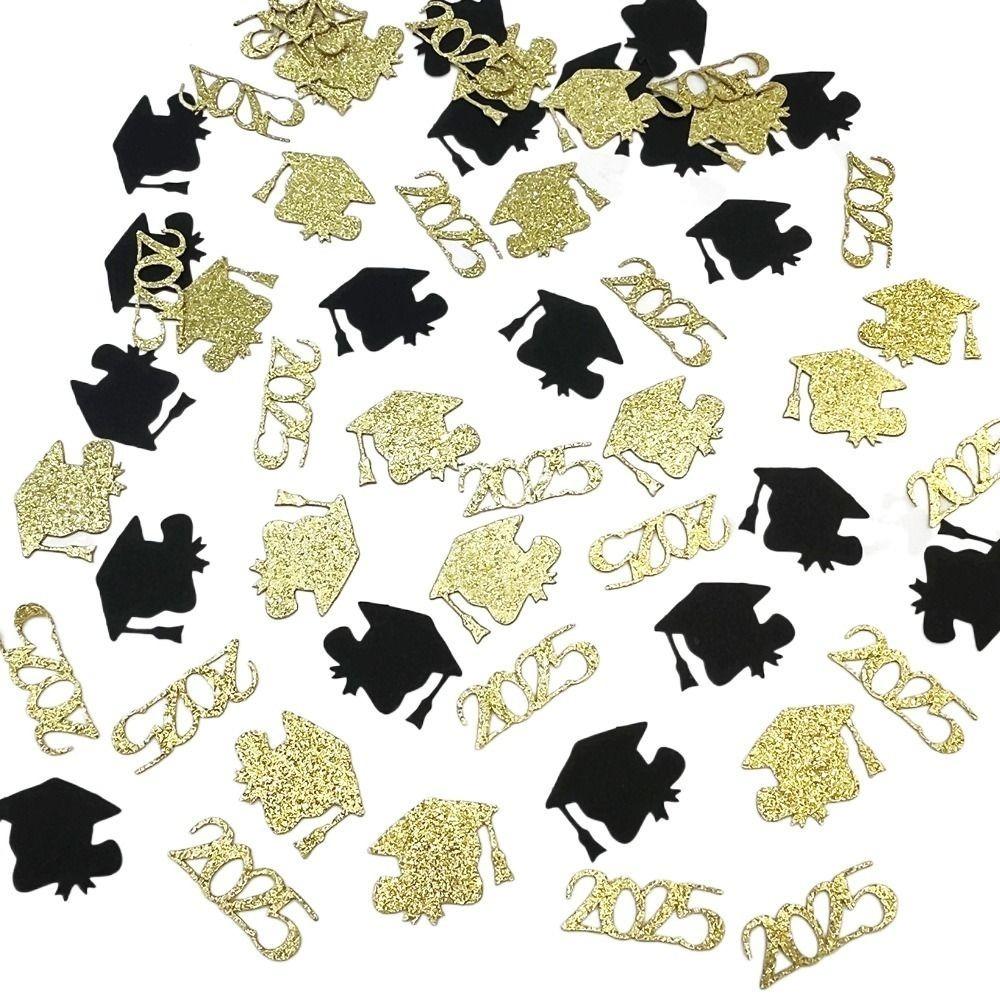 100PCS Cardstock 2025 Graduation Cap Confetti Black & Golden Paper Scatter Decor  Grad Parties