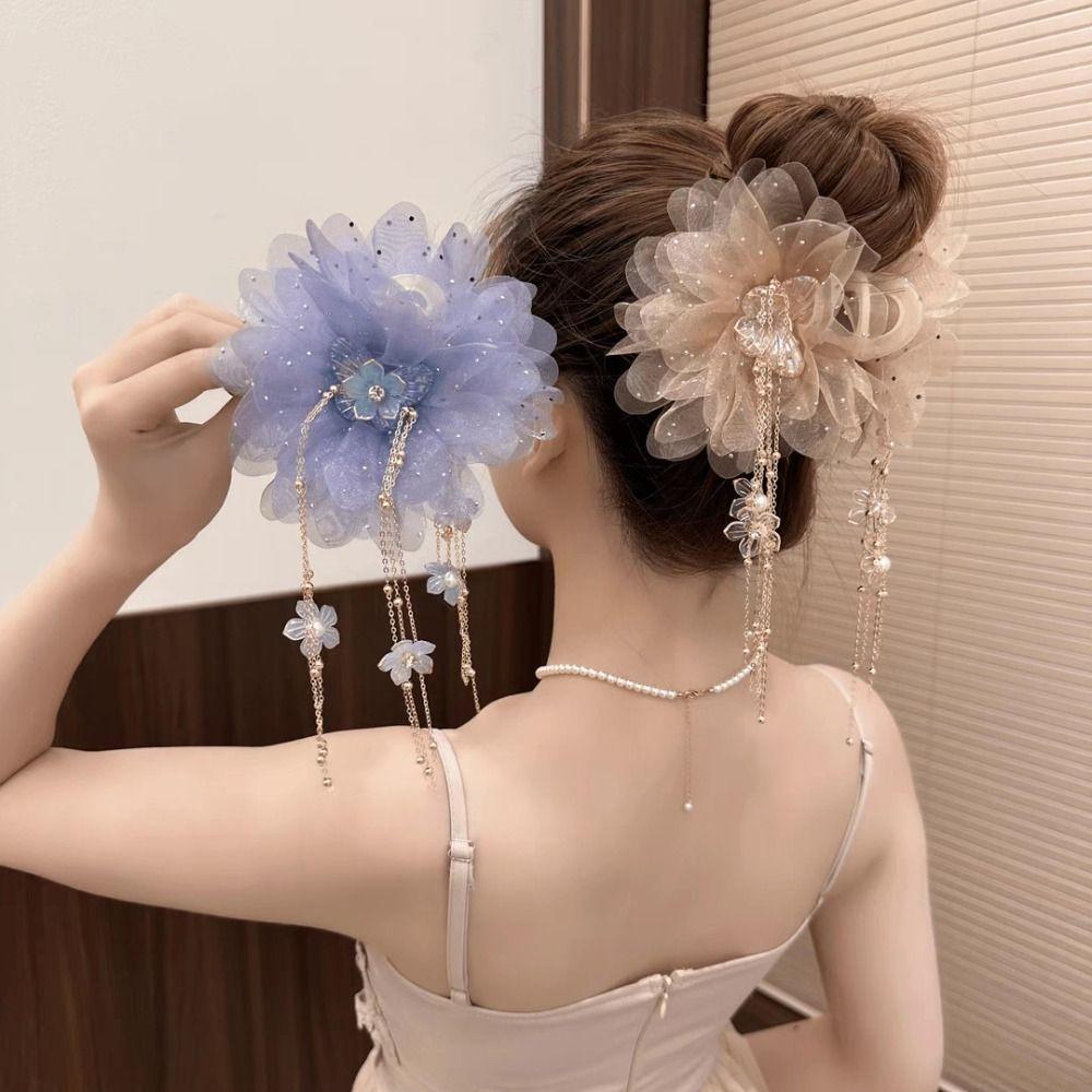 Peony Flower Shark Clip Mesh Hair Clip Fashion Grasping Clip Hair Accessories