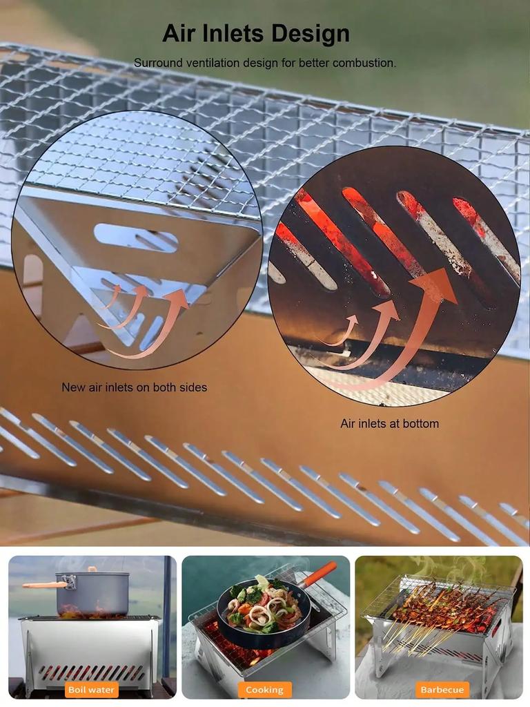 Leeseph Portable Charcoal Grill, Small BBQ Grill Stainless Steel Camping Fire Pit for Camping Patio Outdoor Detachable Grill