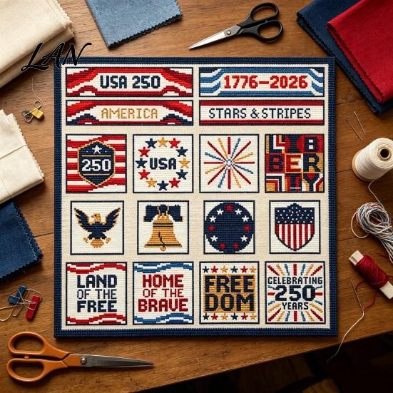 Cotton Embroidery Cloth 250th Anniversary Cross Stitch Kit, Independence Day Theme, Red White Blue Threads American Flag Set, Patriotic USA