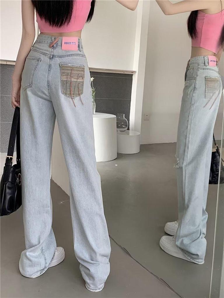 Women's Light-colored High Waist Ripped Straight Jeans - Summer Loose Fit Wide-leg Mopping Trousers