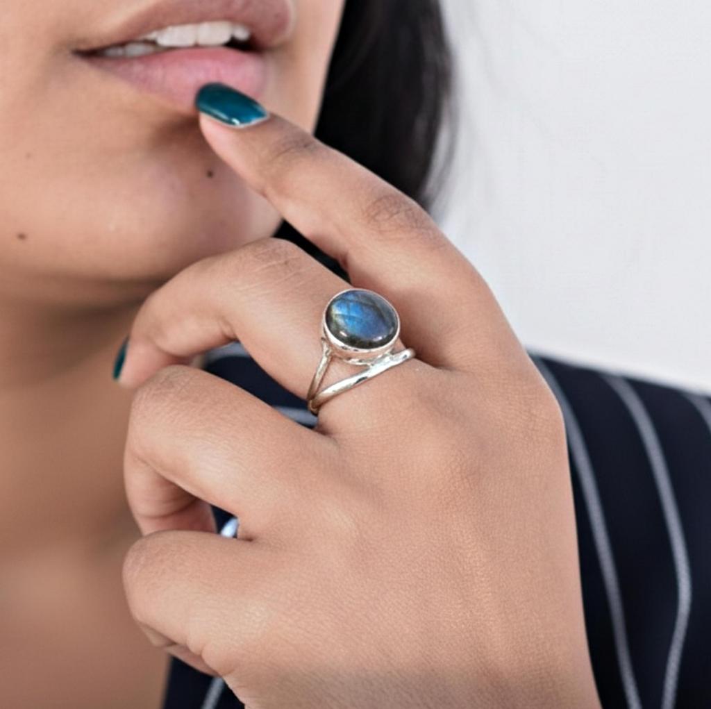 Blue Labradorite Round Statement Ring, 925 Sterling Silver, Handcrafted Minimalist Jewelry for Women
