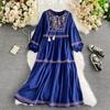 Holiday Retro Ethnic Embroidery Dresses Women Vintage V-neck Tassel Lace Up Dress Party Long Sleeve Fashion Long Dress Loose New