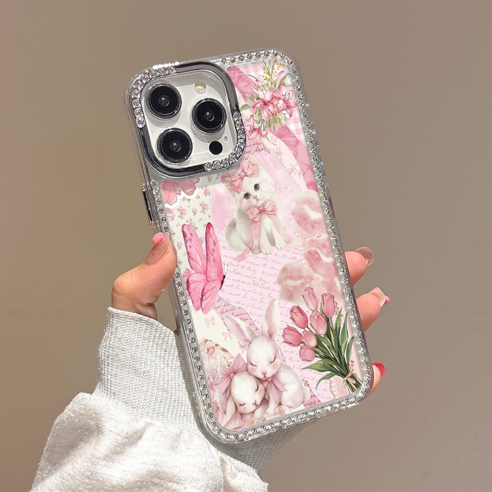 Применимо к iPhone16 розовый тюльпан бабочка кошка чехол для мобильного телефона 17ProMax алмазная рамка девчачье сердце 13