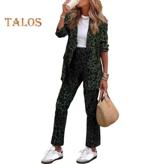 2 шт./комплект женский формальный пиджак брюки комплект длинные рукава леопардовый принт лацкан кардиган средней длины пиджак прямые брюки с высокой талией формальный деловой