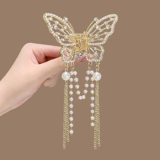 Hair Claw Long Fringe Faux Pearls Butterflies Decor Hair Clips Women Girls Hairstyles Home Outdoor Playing Hair Decoration