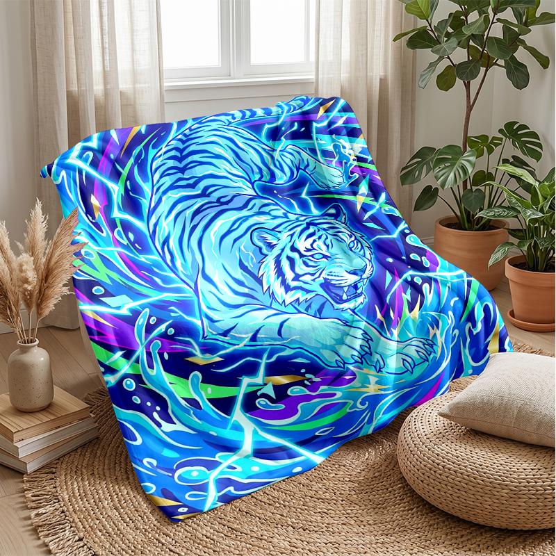 Energetic Blue Tiger Artwork Theme blanket Lightweight Warm Flannel Blanket Decorative Throw Blanket for Home Decoration