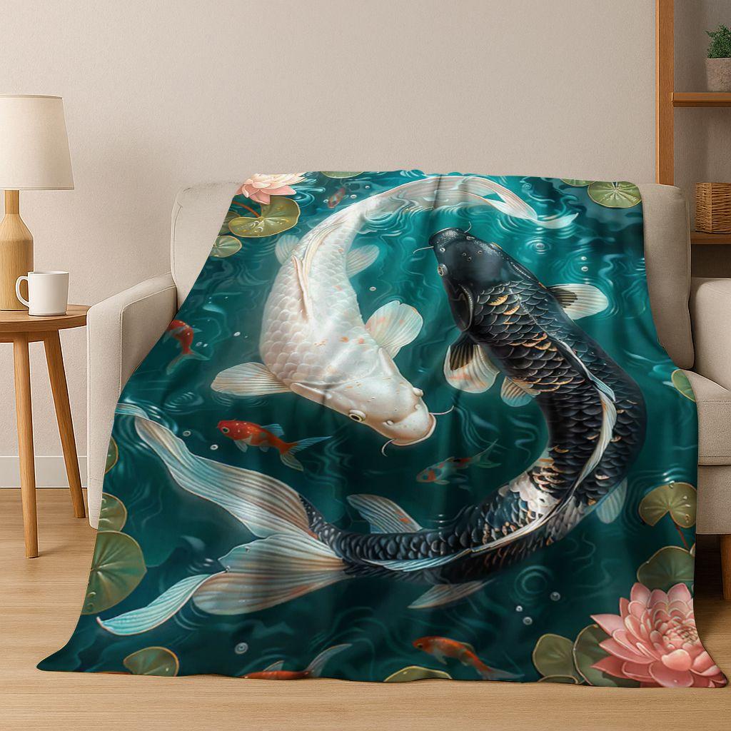 Роскошное Мультяшное Фланелевое Одеяло с Рыбами Кои и Инь-Ян, Уютное Мягкое Плед для Дома, Спальни, Кровати, Дивана, Подарок Ребенку