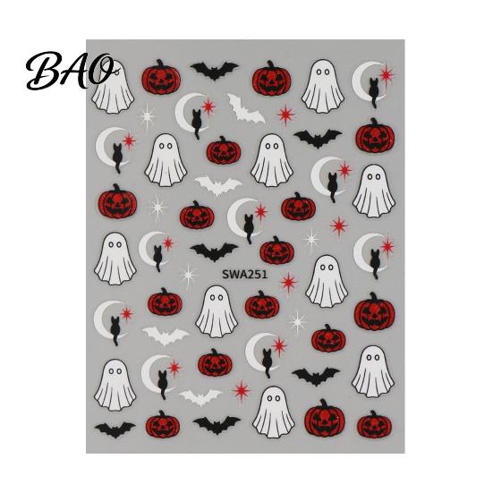 Manicure Embellishment Halloween Nail Decoration Stickers, 3D Embossed Pumpkin Ghost Bat Waterproof Accessories Decals, DIY for Holiday Party Flexible