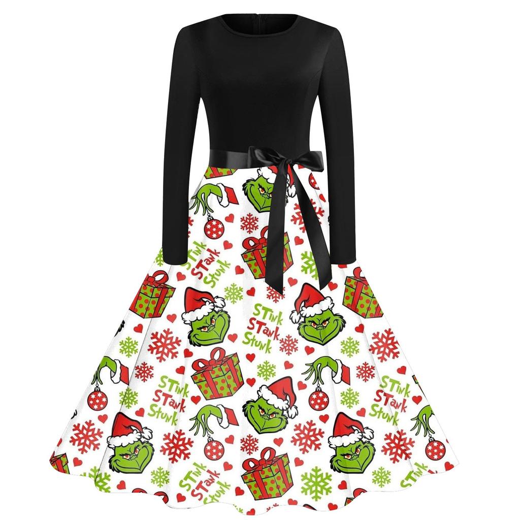 Рождественское расклешенное платье для женщин, платье с длинным рукавом, вечерние повседневные платья