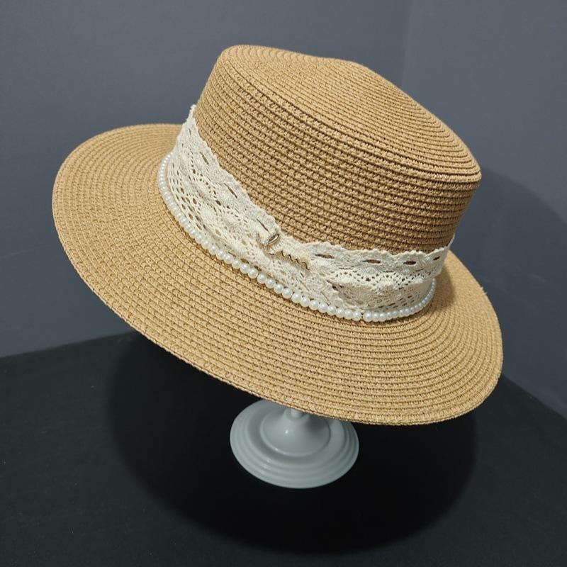 Lace lace straw woven flat top hat women's spring and summer temperament pearl flat edge top hat travel sun protection visor