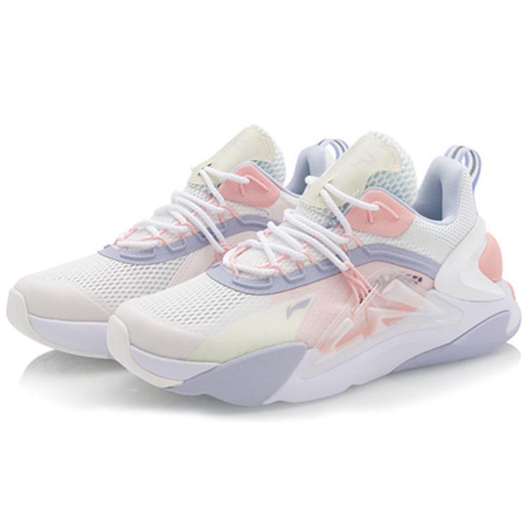 Li Ning Обувь спортивная повседневная с амортизацией Fire, противоскользящая, износостойкая, низкая посадка, женская, бело-розовая AGLQ058-2
