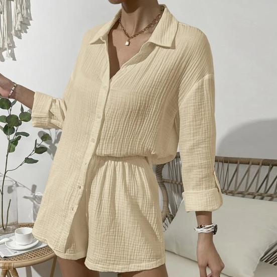 2 шт./компл., женская рубашка, комплект с шортами, однотонная однобортная блузка с длинными рукавами и воротником с лацканами, высокая талия, свободная выше