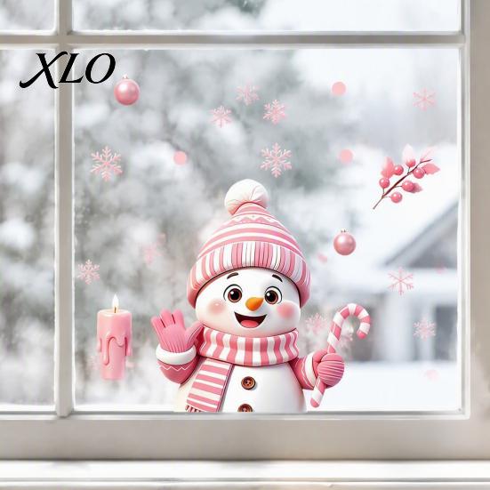 Waterproof PVC Glass Decorations Christmas Snowman Static Stickers, Decorative Pink Decals, Holiday Seasonal Window Art Clings for Home Party And Door