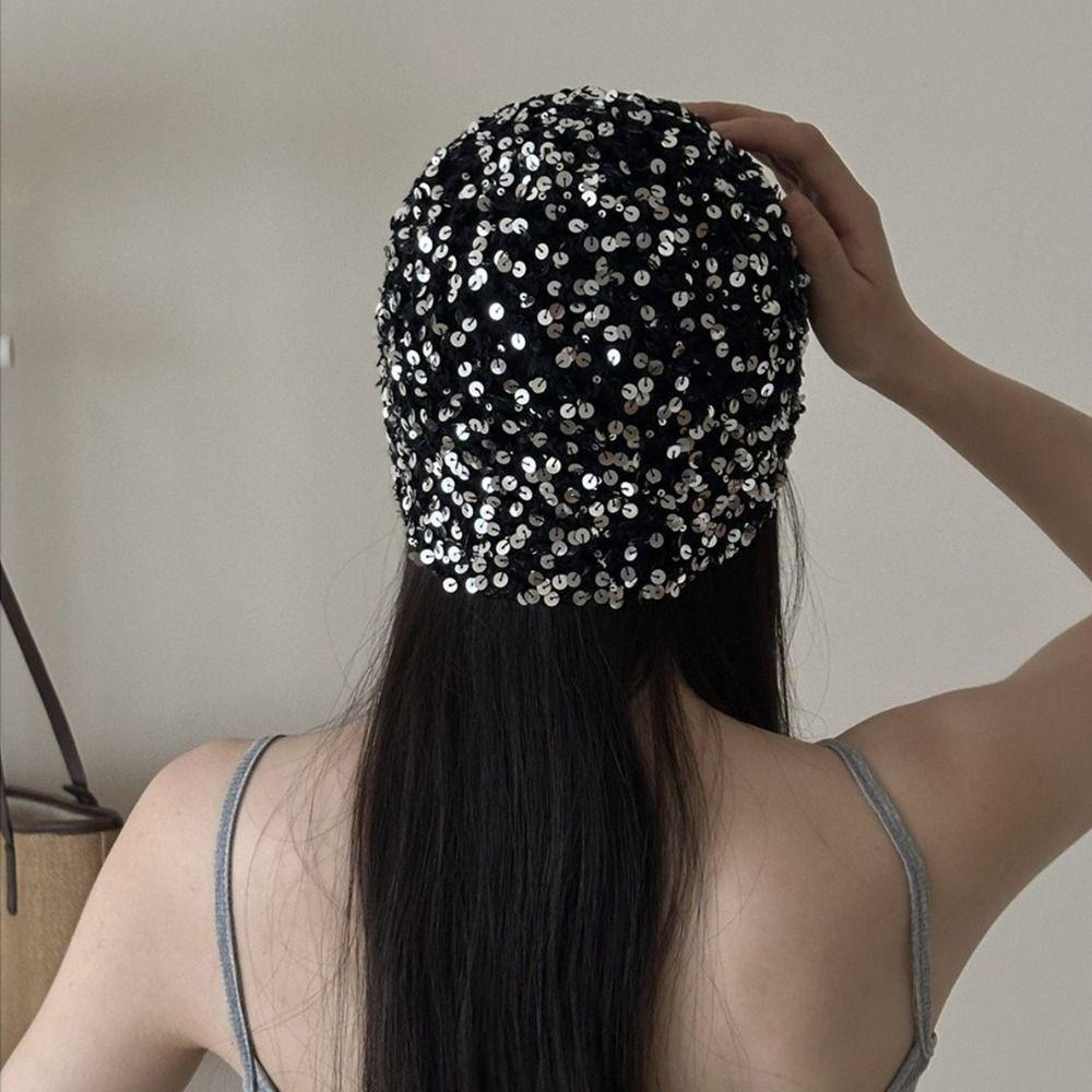Y2k Sequin Bucket Hat Vintage Beanie Hats Fashion Sequin Woven Cap Summer