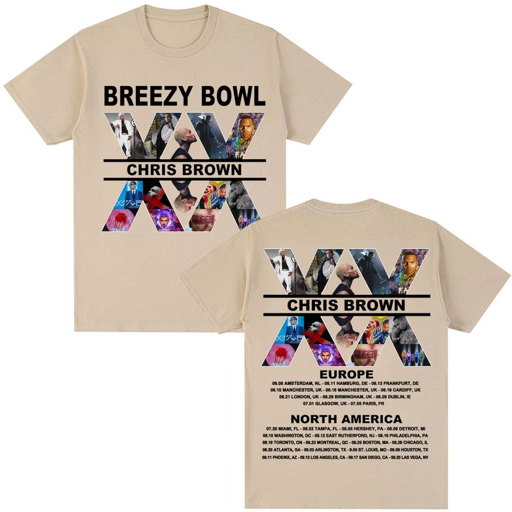 Rapper Chris Brown Album Tshirt Breezy Bowl XX Tour 2025 Hip Hop Vintage T Shirt Men Women Oversized Cotton Tshirts Streetwear