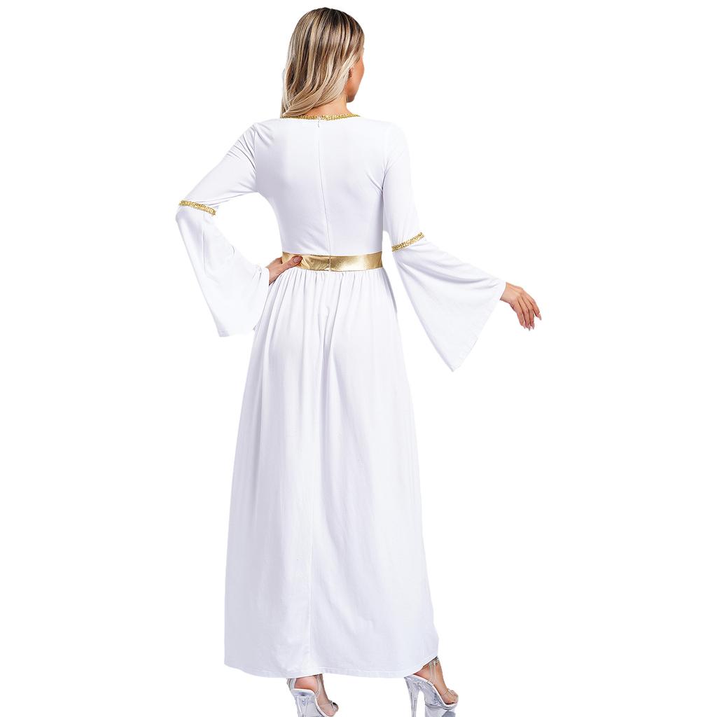 Женское платье-тога в римско-греческом стиле с V-образным вырезом, расклешенными рукавами, металлизированной блестящей отделкой, платье-халат на Хэллоуин, костюм для косплея