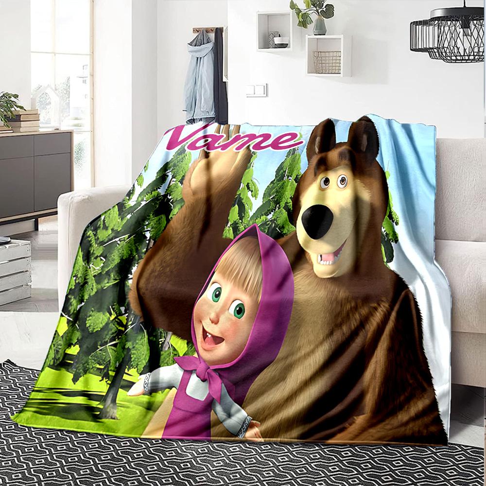 Custom Name Masha Bear Flowers flannel Blanket for Super Soft Cute Comfort Blanket for Travel Bedding Couch Sofa Blanket