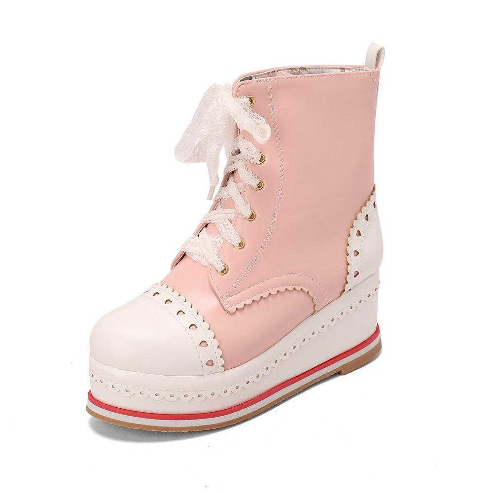 Lolita Style Sweet Girls Shoes Lace Up Platform Hidden Heels Wedges Princess Shoes Women Brock Ankle Boots Pink Plus Size 34-48