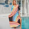 Plus Size Boho Cover Up, Women's Plus Painting Print Bat Sleeve V Neck Split Hem Maxi Cover Up Dress
