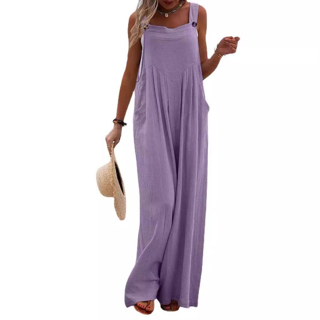 Women's Solid Color Casual Button Jumpsuit - European & American Style