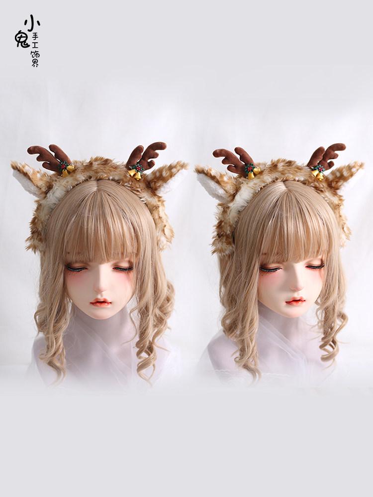 Japanese Sweet Christmas Headband Autumn and Winter Elk Spotted KC Plush Antlers Hair Accessories Cute Winter Ears Bells Hairpin