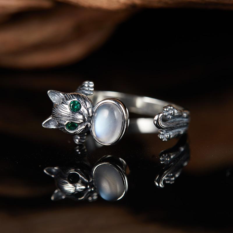 Ретро Цветная Счастливая Кошка Кольцо Ювелирное изделие 925 стерлингового серебра Инкрустированное Натуральным Лунным камнем Кольцо Женская Индивидуальность